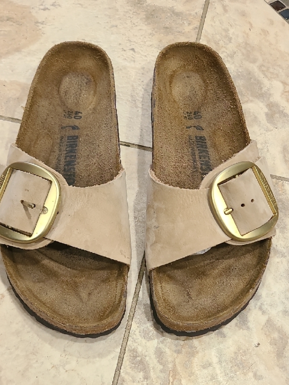 Birkenstock Madrid Big Buckle Slide in Tan with Gold Buckles